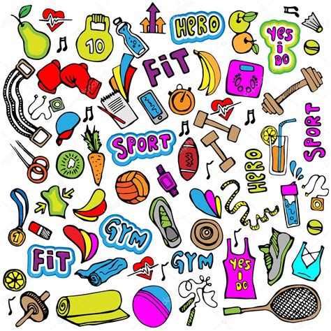 Deportes mano dibujar icono y elementos Fitness y deporte colección de