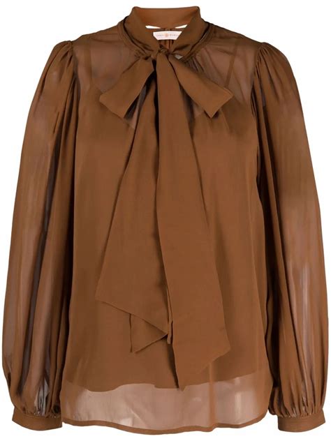 Tory Burch Pussy Bow Collar Silk Blouse Brown Farfetch Ao