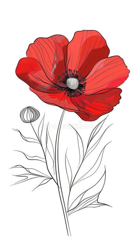 A Coloring Page Featuring A Single Red Poppy Flower With A Black Line