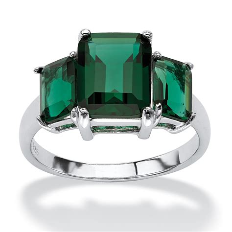 Palmbeach Jewelry Emerald Cut Simulated Green Emerald 3 Stone Ring In Sterling Silver