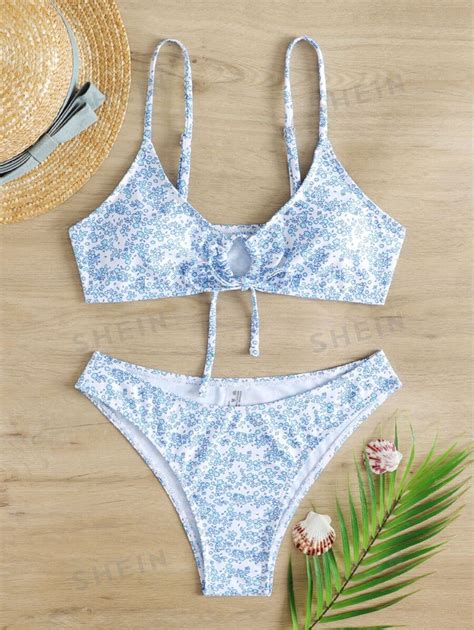 Shein Swim Mod Summer Beach Ditsy Floral Tie Front Bikini Swimsuit Shein Uk