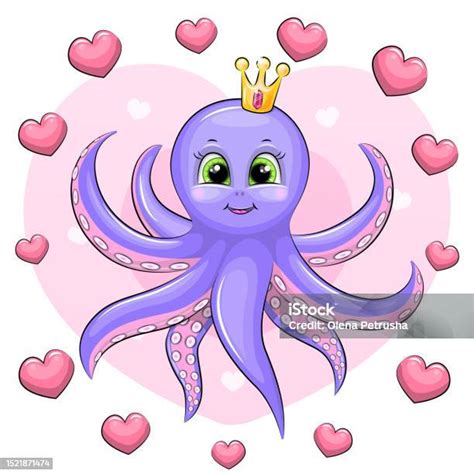 gurita kartun lucu  mahkota  bingkai hati ilustrasi stok