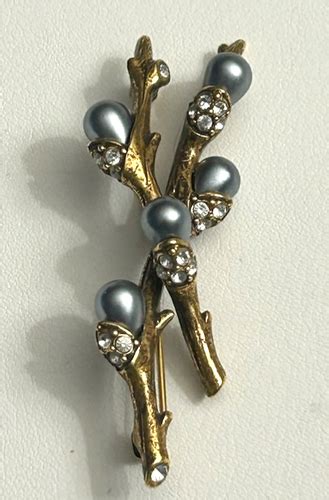 Vtg Joan Rivers Pussy Willow Brooch Golden Branch Dark Gray Faux Pearl