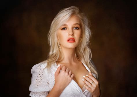 Women Blonde Blue Eyes Open Mouth White Shirt Maxim Maximov Christina