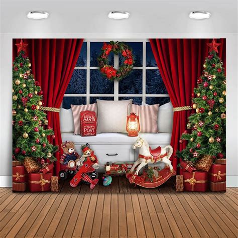 Christmas Window Photography Backdrop Red Curtain Christmas Trees Photo