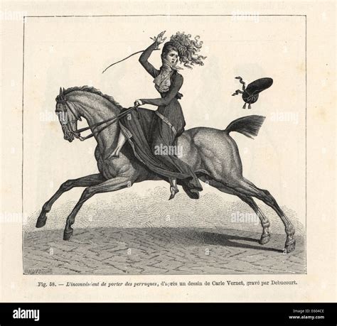 Fashionable woman riding a horse side-saddle and losing her hat, 1800 ...