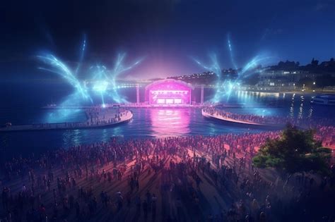 Seaside Music Festival With Colorful Lights And Generative Ai Premium