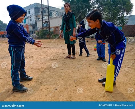 Indian Play School Kids Playing Cricket At Ground In India January 2020