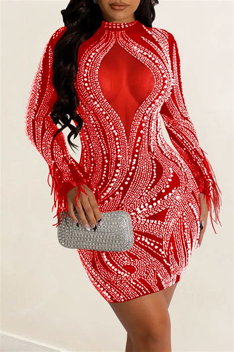 Wholesale Red Sexy Patchwork Hot Drilling See Through Feathers O Neck Long Sleeve Dresses K68108
