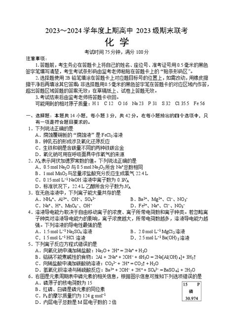 四川省成都市蓉城名校联盟2023 2024学年高一上学期期末联考化学试题（word版附答案） 教习网试卷下载