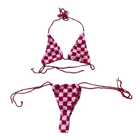 Red And Pink Checkered Crochet Bikini Perfect For Depop