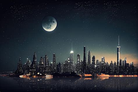 Premium Photo | City skyline at night with a view of the moon and stars ...