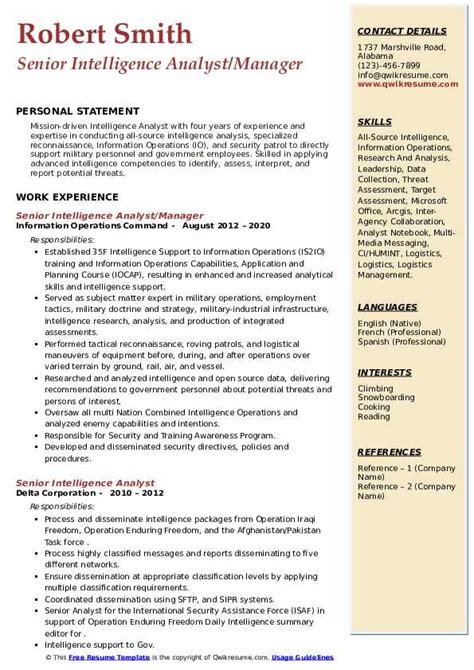 Senior Intelligence Analyst Resume Samples Qwikresume