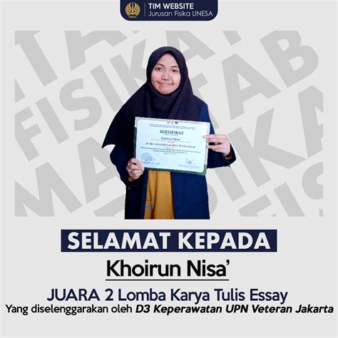 Mahasiswa Jurusan Fisika Raih Juara 2 Lomba Essay DKAVJA VOL 2 Yang