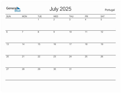 Printable July 2025 Monthly Calendar with Holidays for Portugal