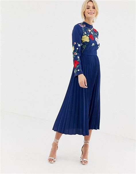 Asos Tall Asos Design Tall Pleated High Neck Midi Dress With Embroidery High Neck Midi Dress