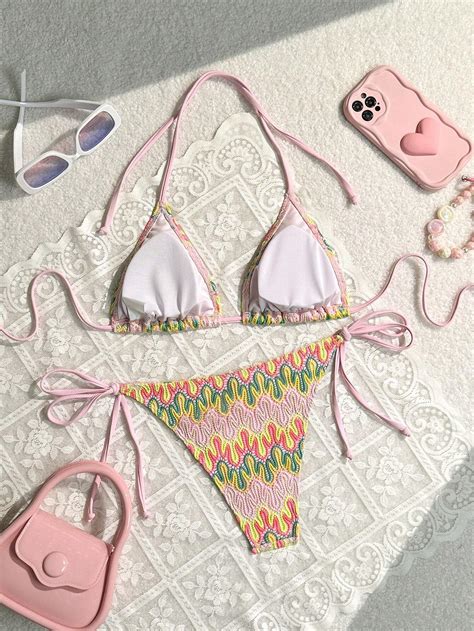 Shein Swim Women Holiday Flame Print Halter Neck Tie Sexy Bikini Set Random Print Shein Usa