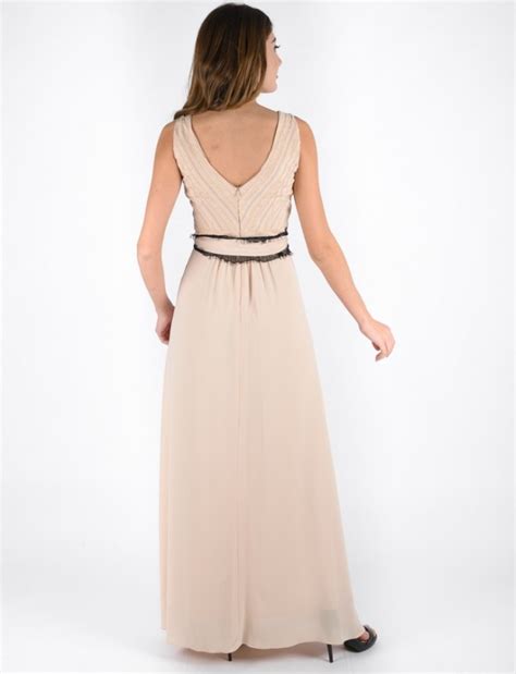 Nude αμάνικο maxi φόρεμα με συνδυασμό δύο υφασμάτων V λαιμόκοψη υφασμάτινη αποσπώμενη ζώνη με