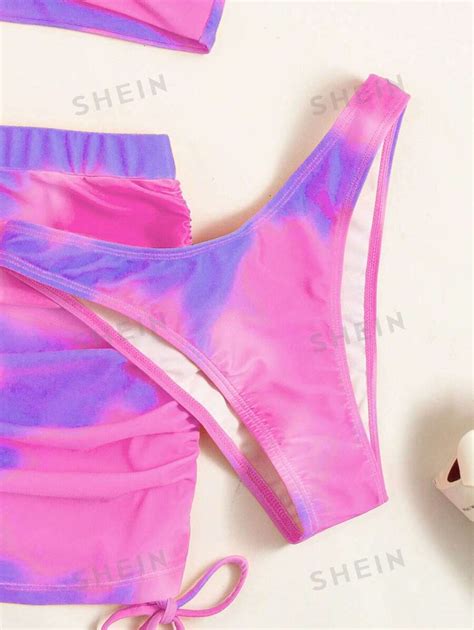 SHEIN Swim Summer Beach Tie Dye Knot Front Bikini With Beach Skirt