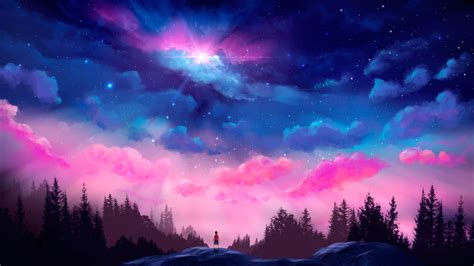 4K, lights, forest, artwork, stars, digital art, trees, children ...