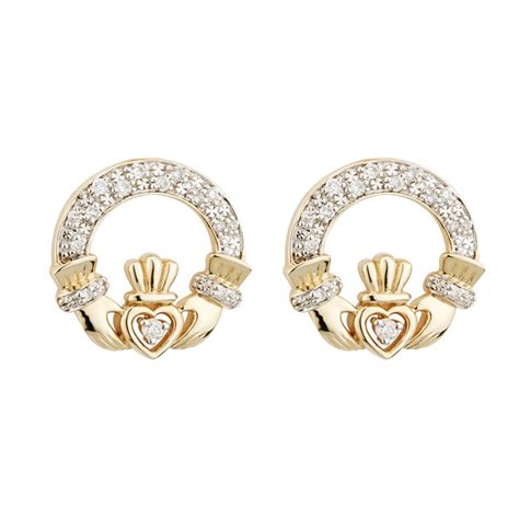 14k Gold Diamond Claddagh Earrings Solvar Fallersie Fallers Jewellers Galway