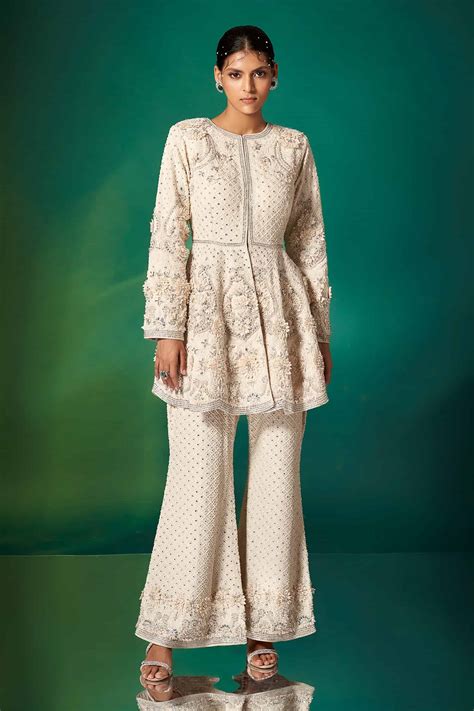 buy ivory peplum organza embroidery floral peplum kurta  pant set