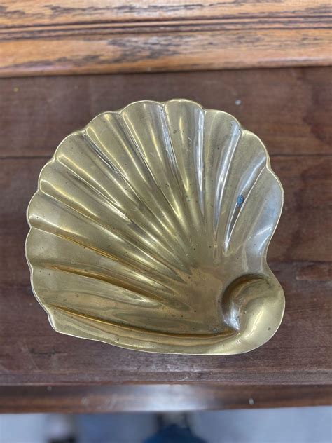 Vintage Mid Century Modern Shell Brass Tone Tray For Sale at 1stDibs