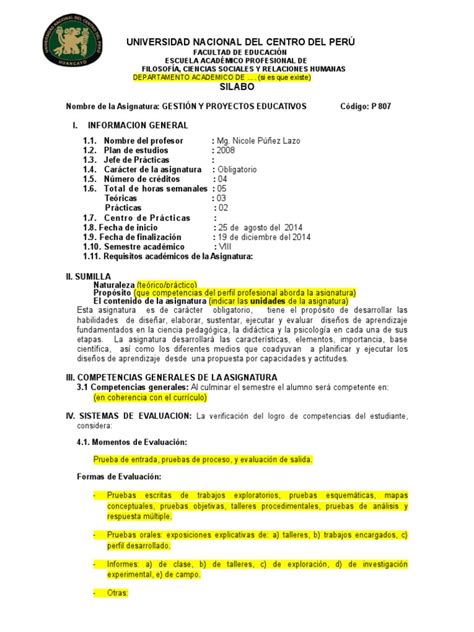 Sílabo De Gestion Y Proyectos Educativos Pdf Plan De Estudios