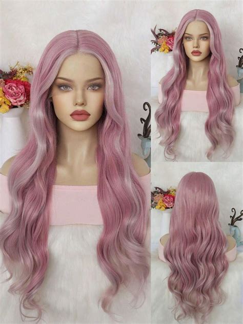 Platinum Blonde Skunk Stripe Wigs Long Wavy Pink And Blonde Synthetic