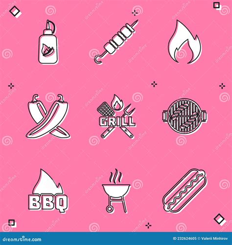Set Ketchup Bottle Grilled Shish Kebab Fire Flame Crossed Hot Chili Pepper Pod Fork And