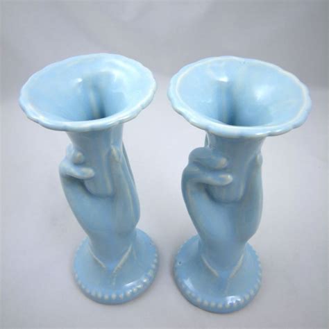 Vintage Shawnee Art Pottery Hand Vase In Light Blue Pair