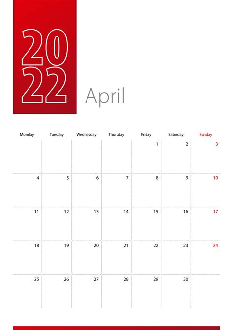 April 2022 Calendar Design Week Starts On Monday Vertical Calendar
