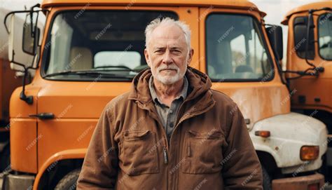 Premium Photo | An older truck driver man standing next to trucks