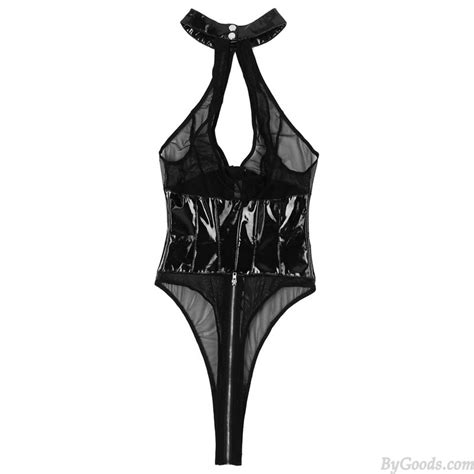 Sexy Zippers Hollow Mesh Patent Leather Splice Teddy Corset For Women