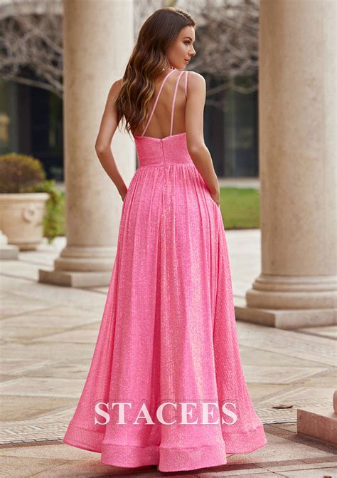 A Line Sequined Prom Dress One Shoulder Floor Length With Pockets