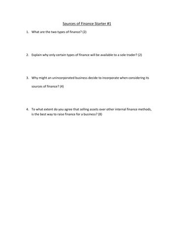sources  finance starters   edexcel  level business teaching