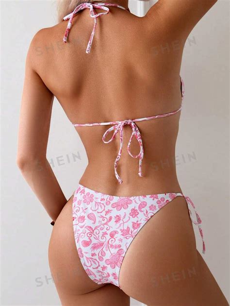 SHEIN VCAY Ensemble de Bikini imprimé de plage d été pour femmes avec col licou noué ensemble