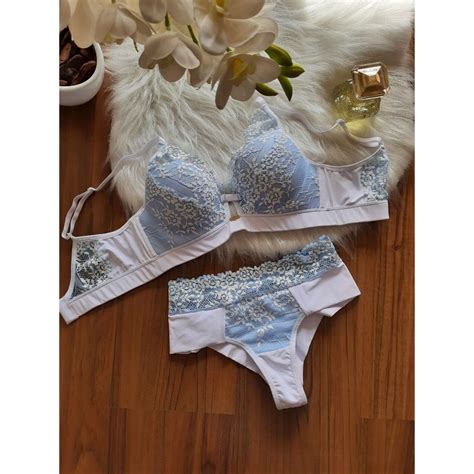 Conjunto De Lingerie Branca Renda Bicolor Azul E Branca Shopee Brasil