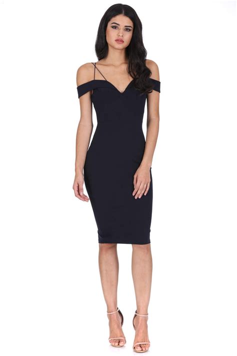 Navy Off The Shoulder Bodycon Dress Ax Paris