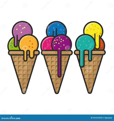 Three Ice Cream Cones with Colorful Flavors Vector Illustration Stock