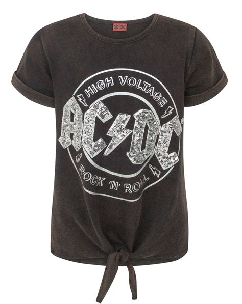 Acdc High Voltage Sequin Girls Acid Wash Tie Front T Shirt — Vanilla