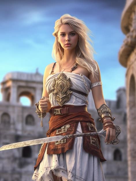 Premium AI Image Sexy Brunette Female In A War Queen Costume Holding Sword On Battle Field