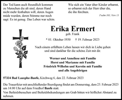 Traueranzeigen Von Erika Ermert Trauer In NRW De