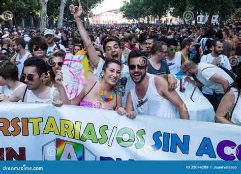 People Participating On A Demonstration At The Gay Pride Parade In Madrid Editorial Stock Photo
