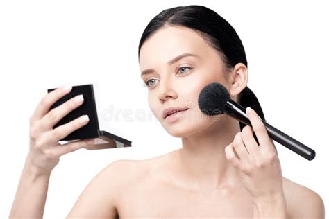 Beautiful Naked Brunette Woman Applying Face Powder Stock Image Image Of Cosmetics Attractive
