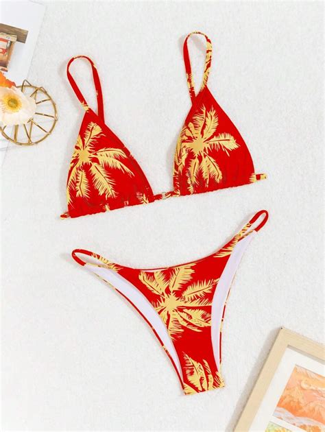 Shein Swim Women Tropical Plant Print Sexy Bikini Set For Vacation Random Print Summer Beach