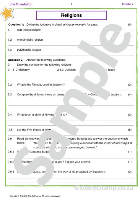 Grade 7 Life Orientation Test Religions And Healthy Diets