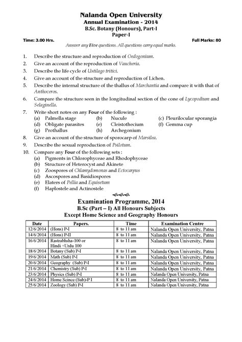 Nalanda Open University B Sc Botany Hons Part I Paper I 2014 Question