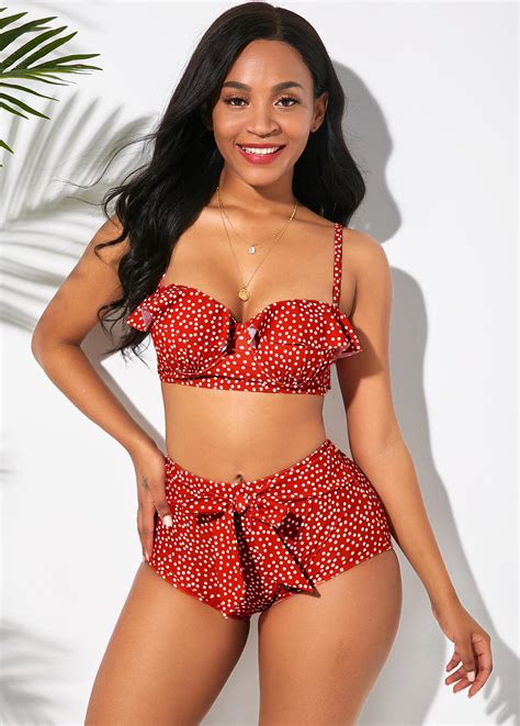 Polka Dot Ruffle Trim Bowknot Bikini Set Rosewe USD 9 98