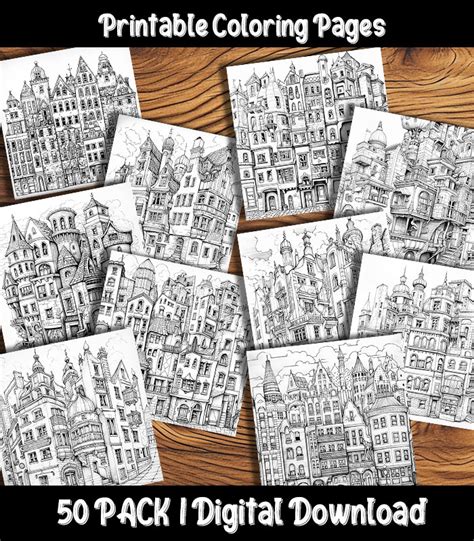 Architecture Coloring Pages 50 Digital Pack | Happy Colorist